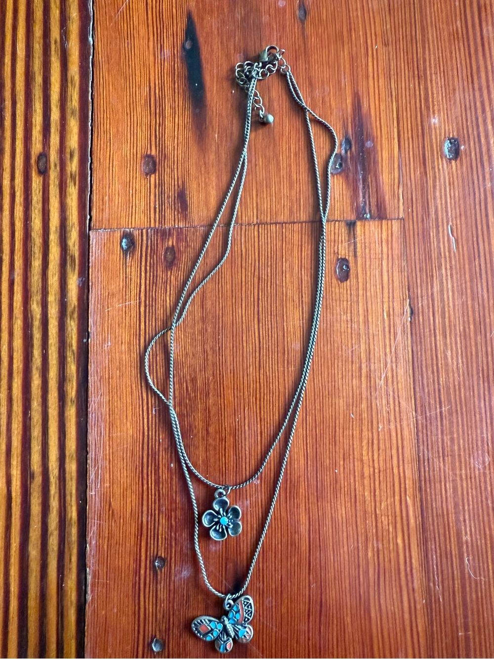 Fossil double strand necklace, butterfly and flower necklace